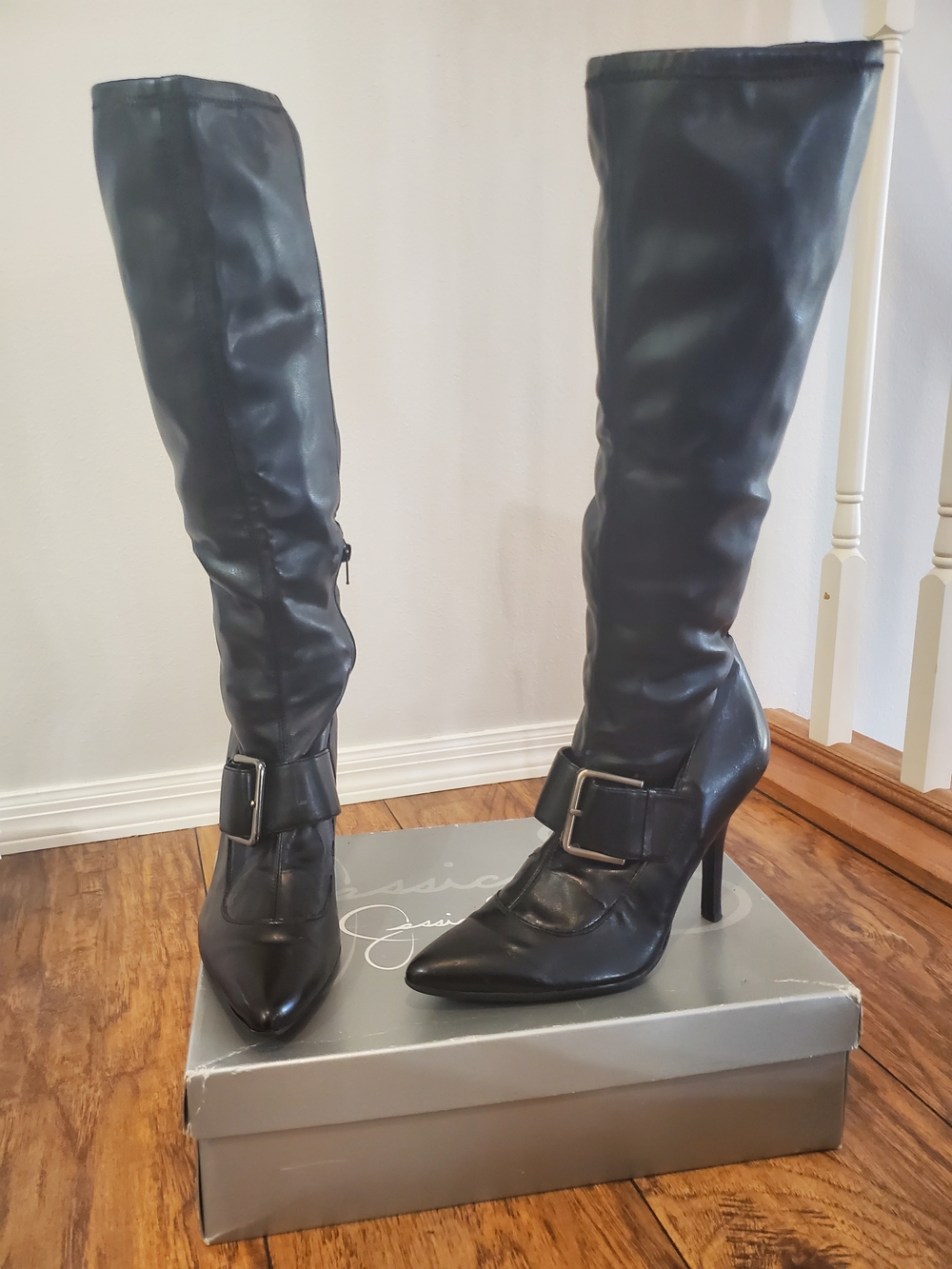 Jessica Simpson Black Knee High Heeled Boots Buckle Pointed Toe 8.5B